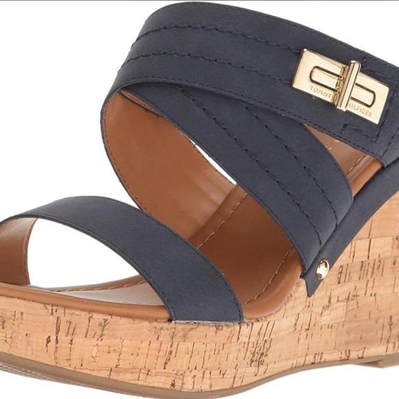 Tommy Hilfiger Navy and Tan Wedge Sandals - Picture 2 of 9
